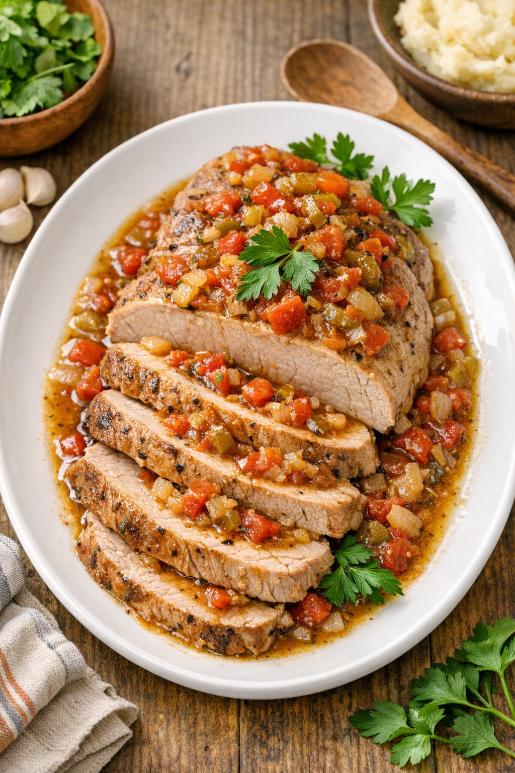Finished slow cooker pork sirloin roast on a platter