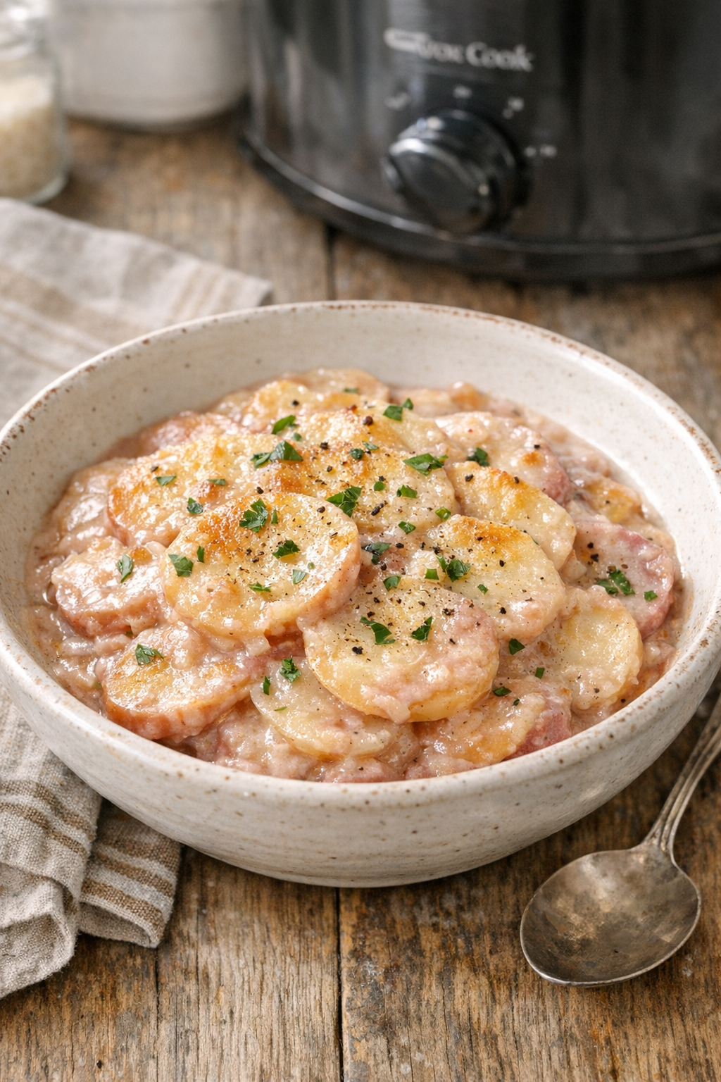 Finished slow cooker red wine scalloped potatoes plated in a rustic bowl
