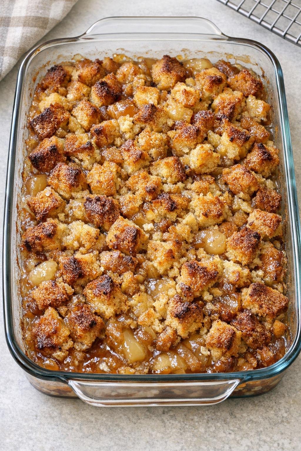 Finished baked stuffing cube dessert in a glass baking dish