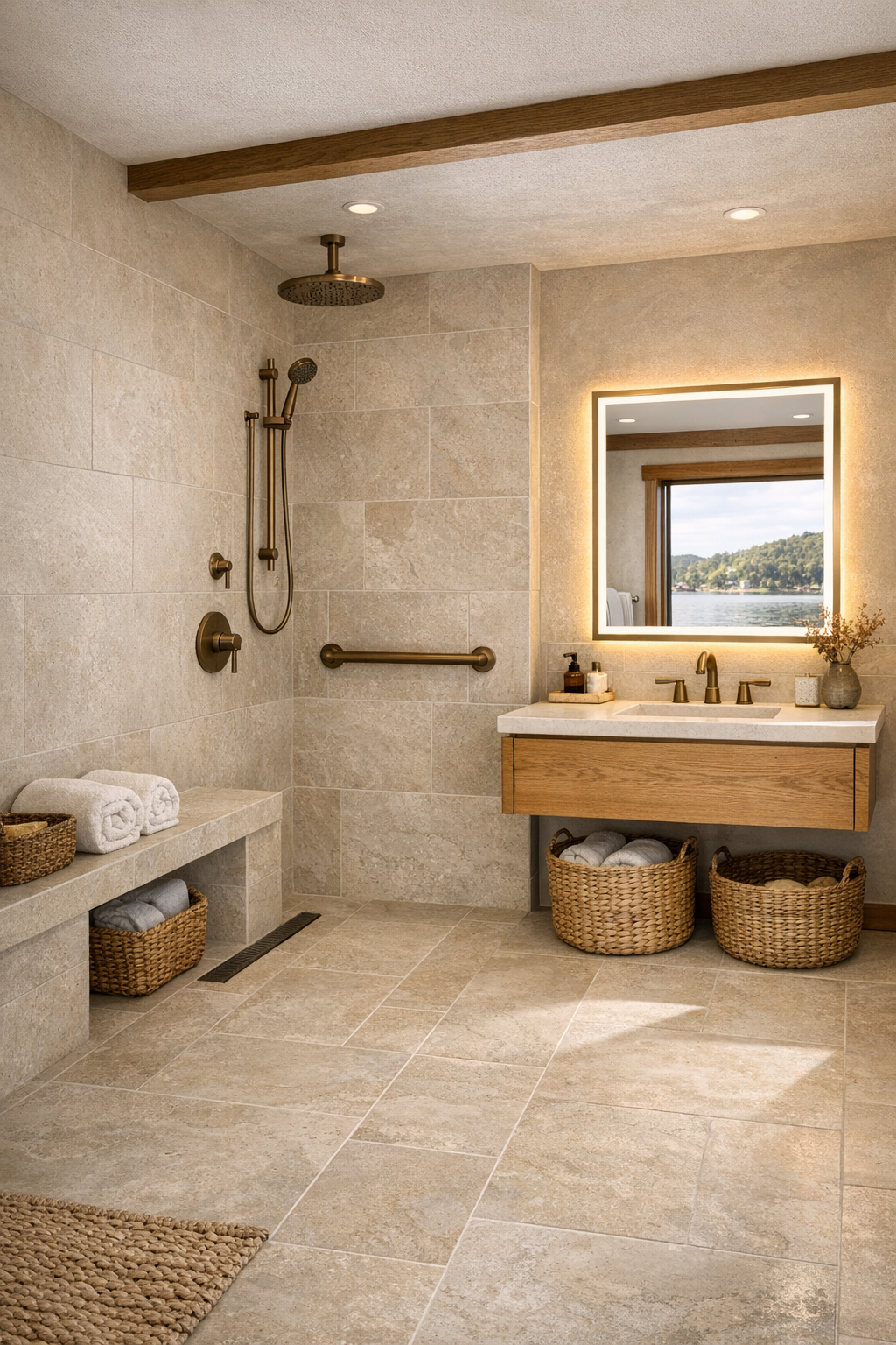 Warm accessible bathroom with a curbless shower, oak vanity, and limestone-look tile