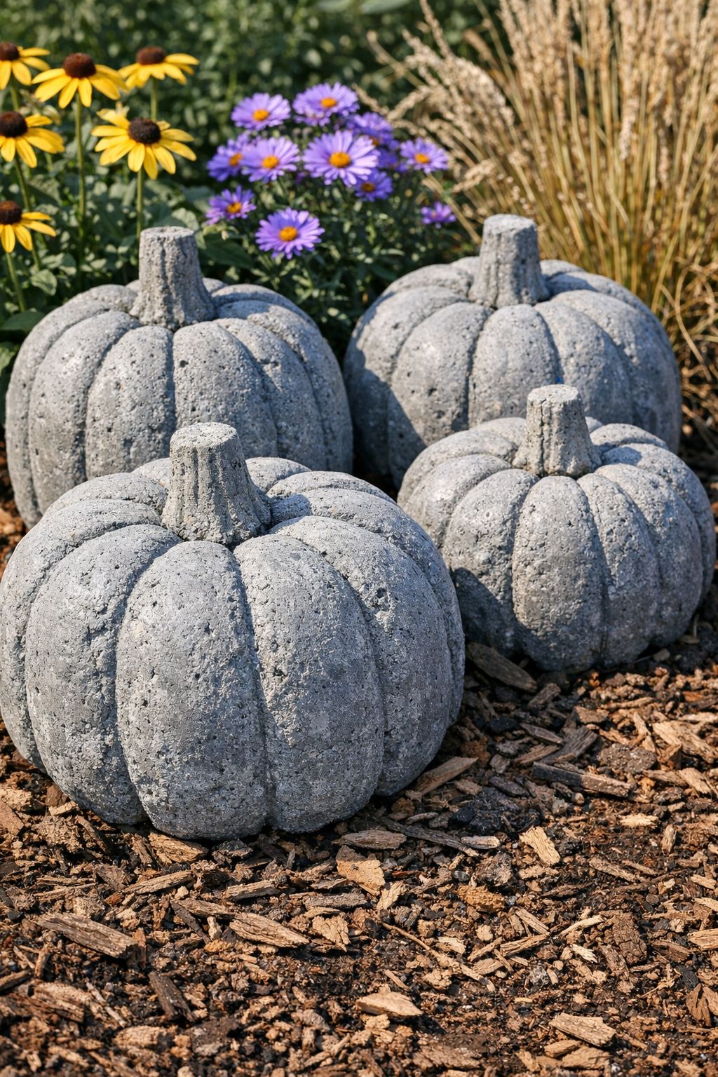 Finished stone garden pumpkins made from orange plastic buckets displayed outdoors