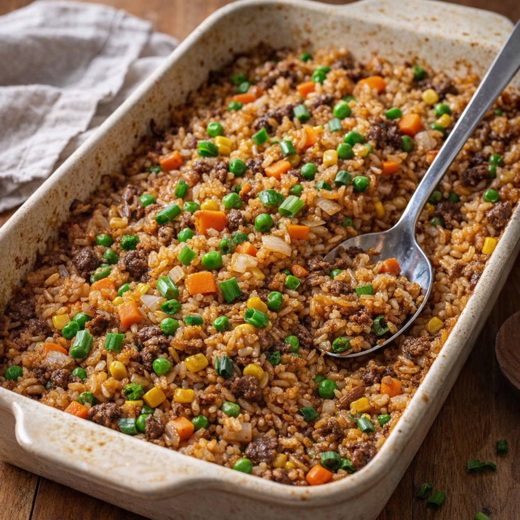 Freshly baked onion beef fried rice in a casserole dish