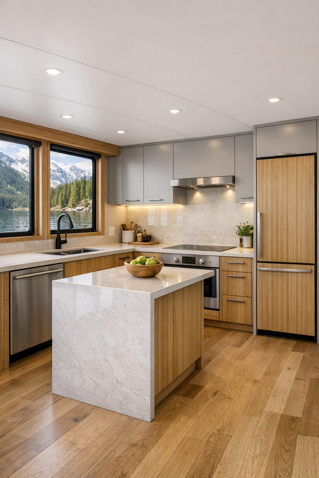 Accessible modern kitchen with oak cabinetry, pale quartz counters, and a compact island