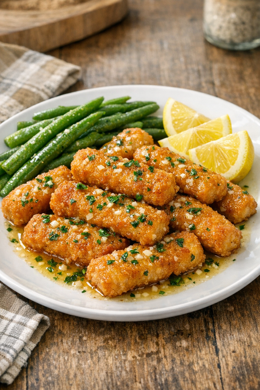 Plated saucy fish sticks dinner