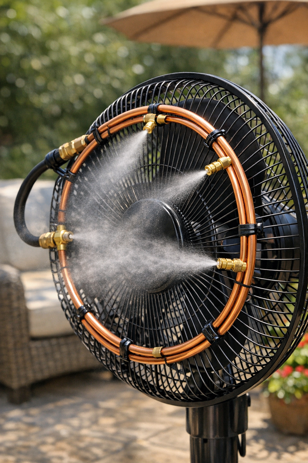 Finished DIY outdoor fan mister on a patio