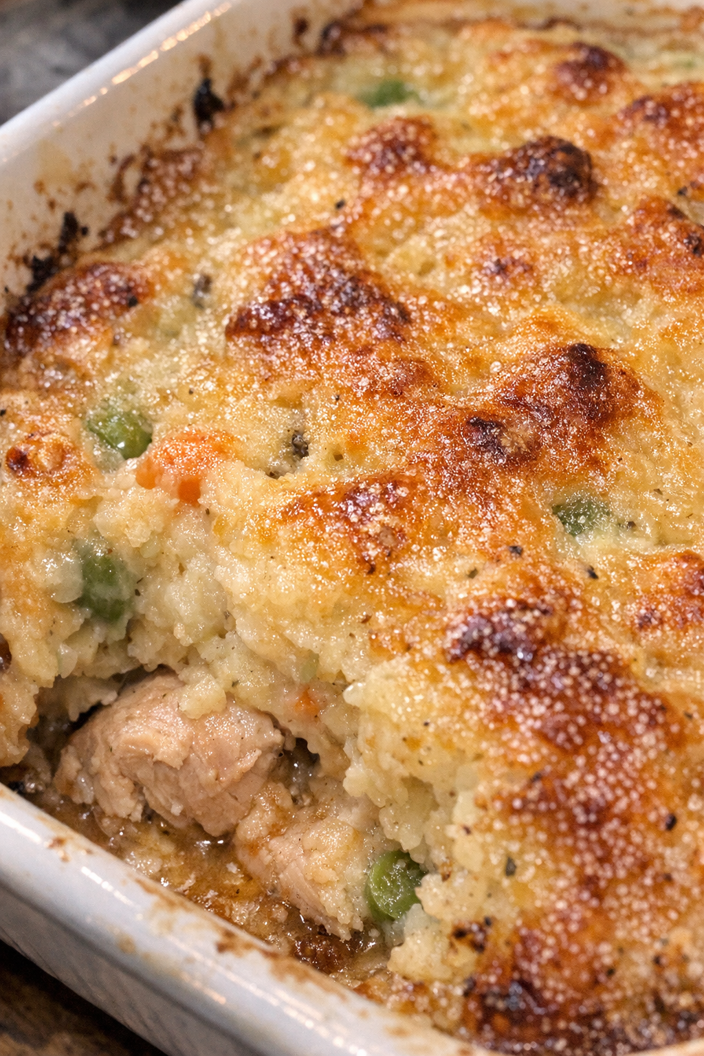 Golden-crusted casserole in a ceramic baking dish