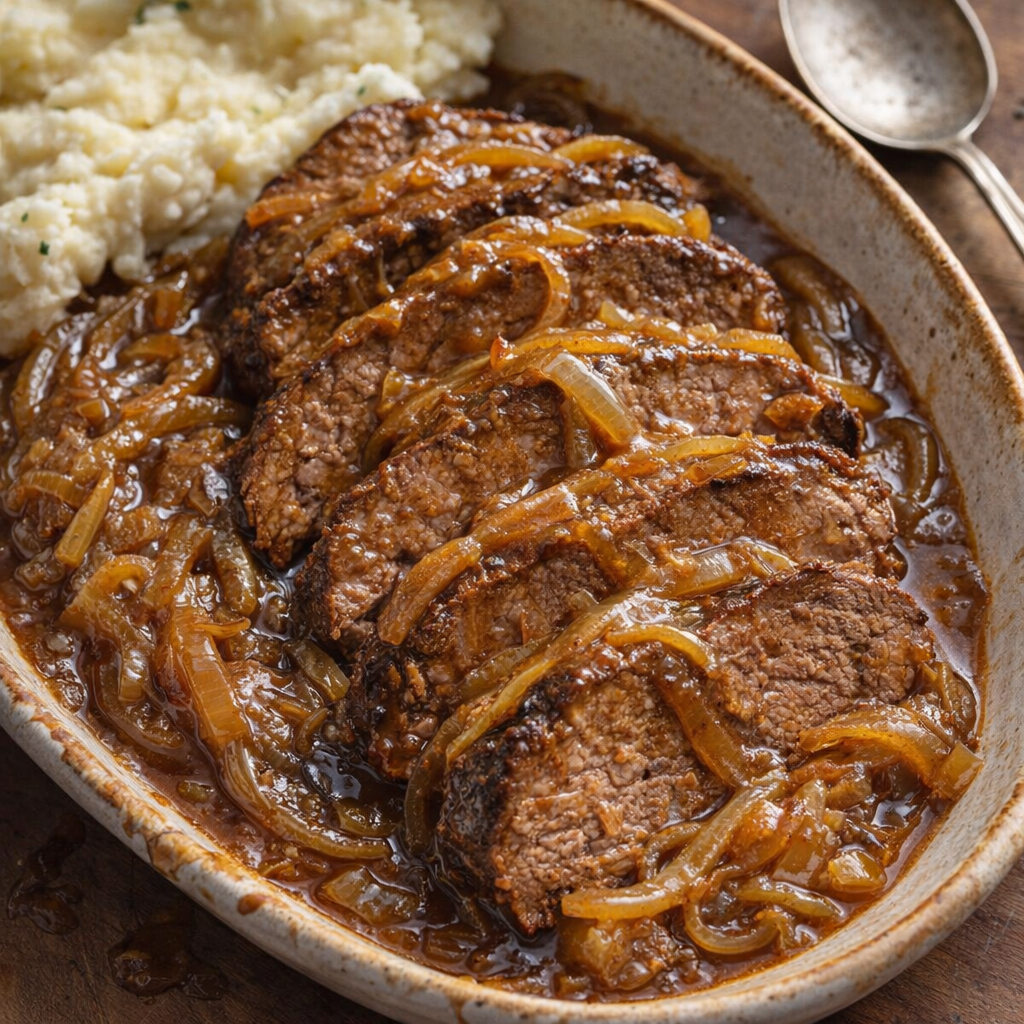 Slow cooker beef roast with onion gravy in a serving dish