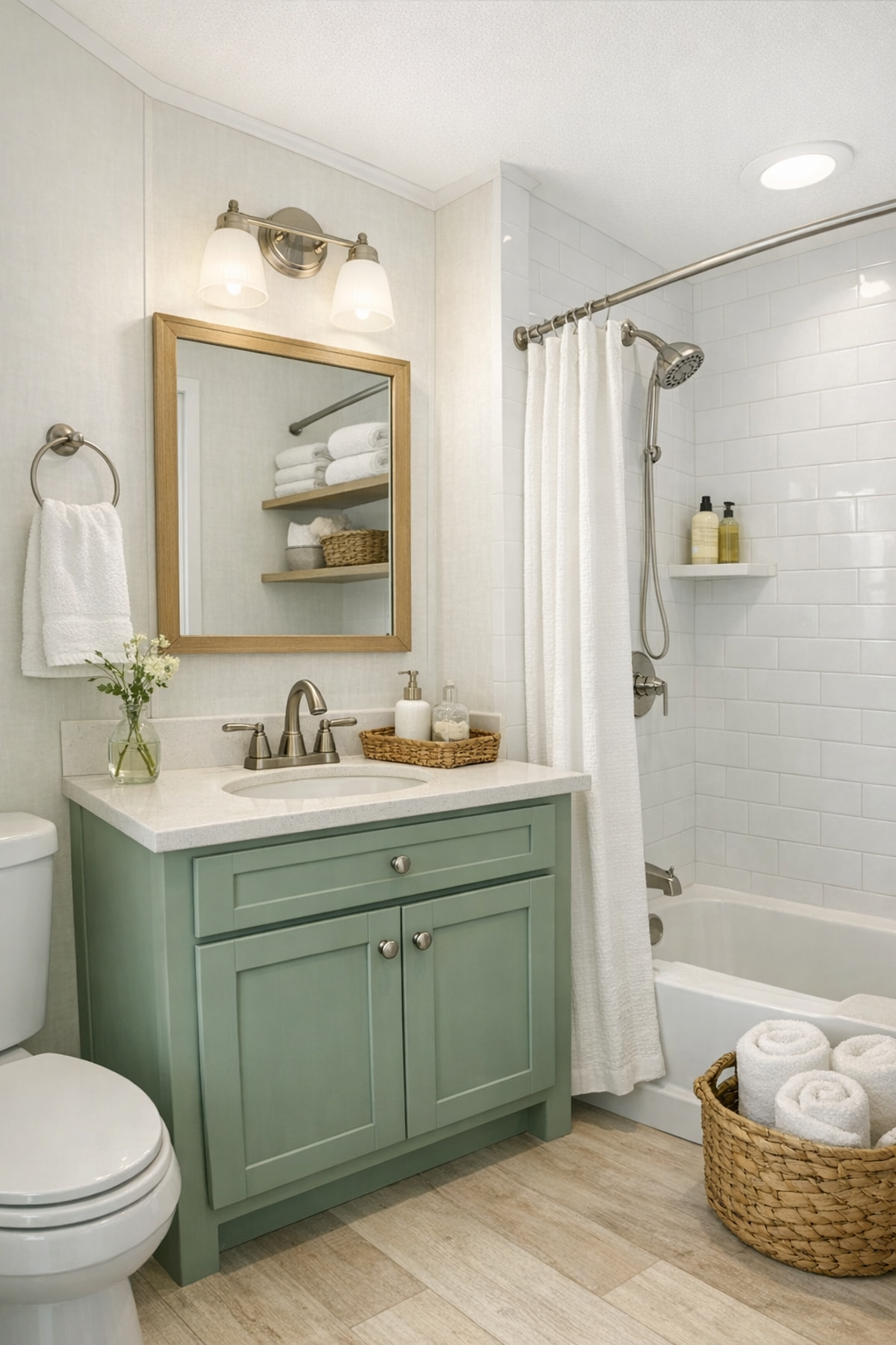 Fresh compact bathroom with sage vanity and crisp white tile