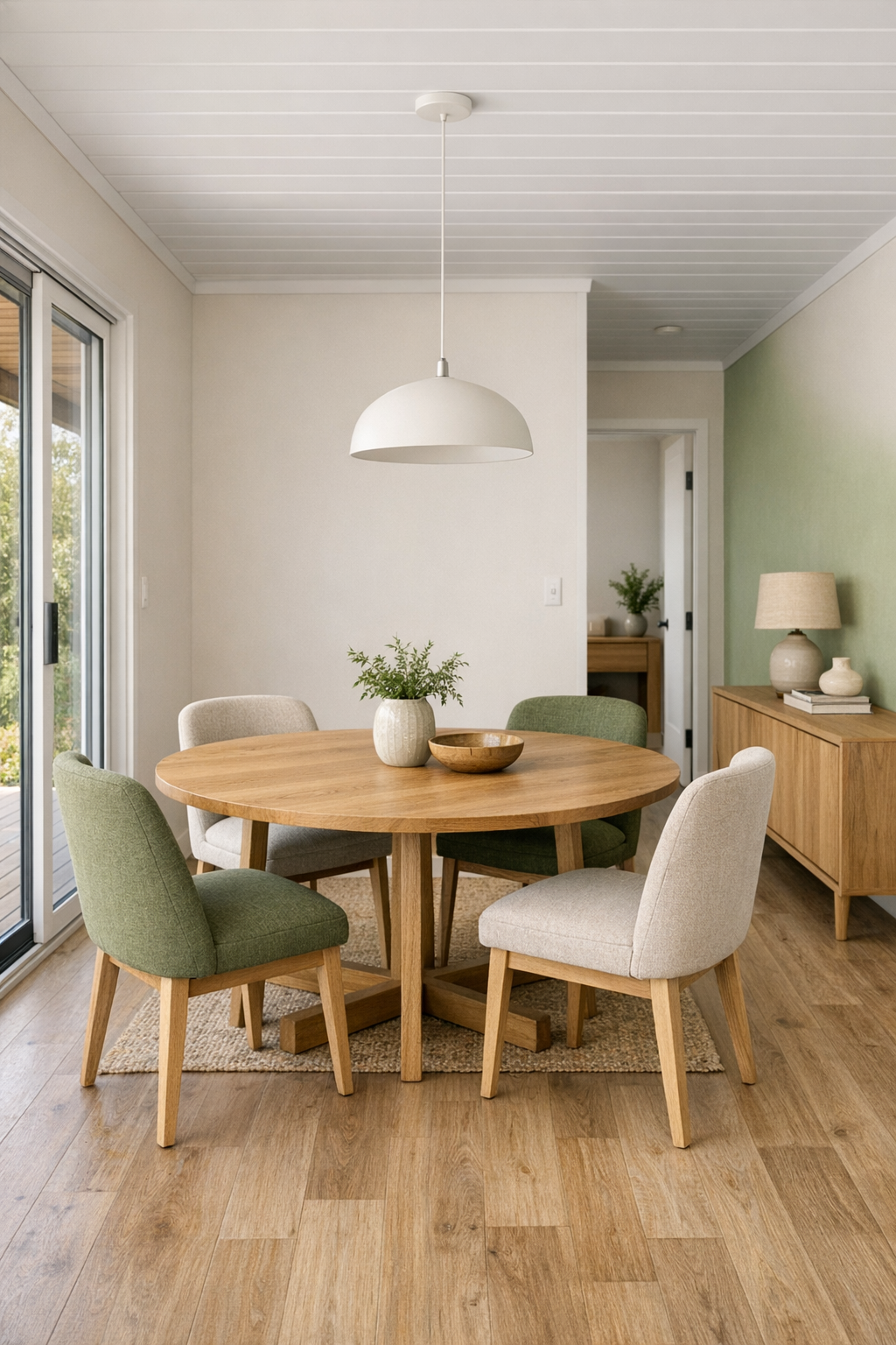 Warm modern dining room with a round wood table and soft natural light