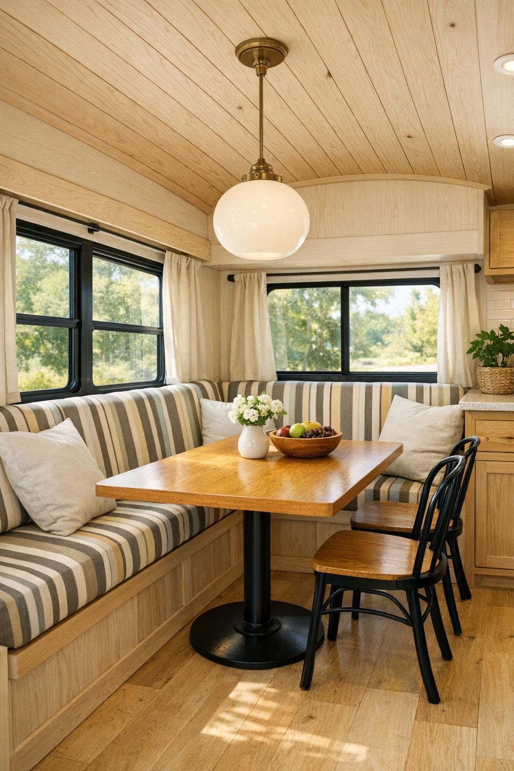 Compact dining nook in the bus with oak table, banquette seating, and bright windows