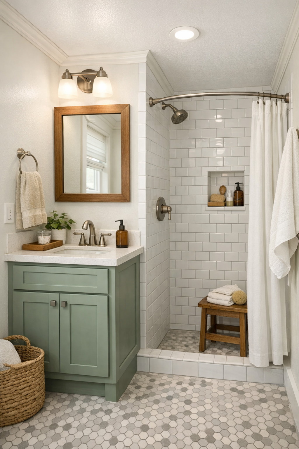 Light-filled compact bathroom with a shaker vanity, subway tile, hex floor tile, and warm wood accents