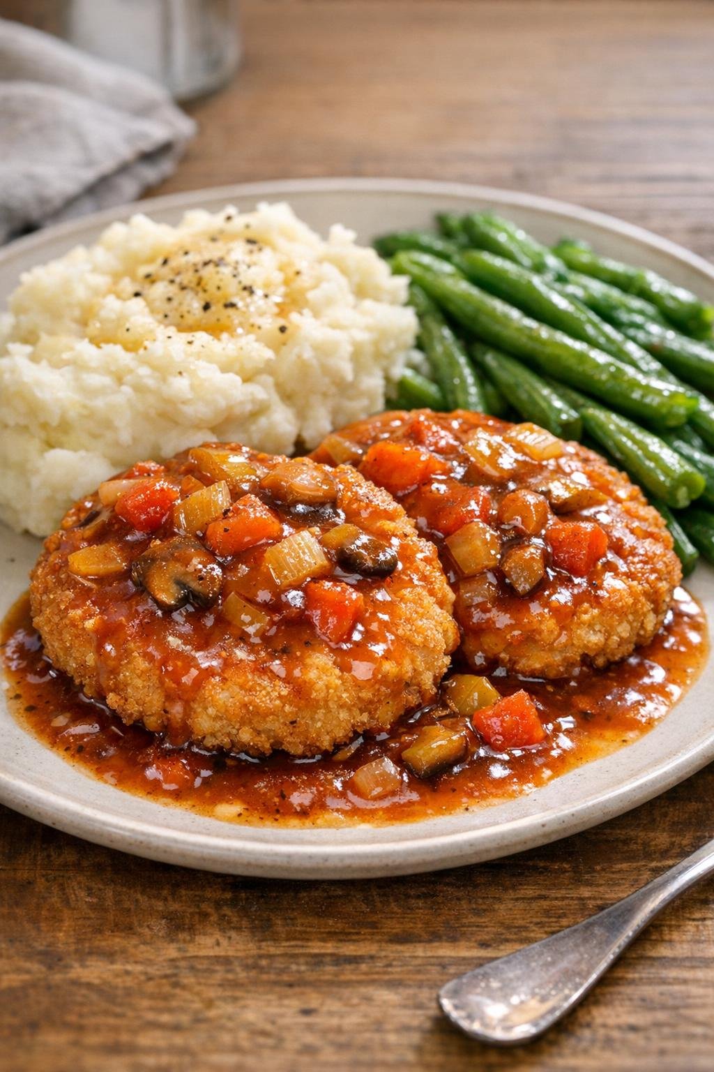 Finished plated breaded chicken patties with glossy autumn-style sauce