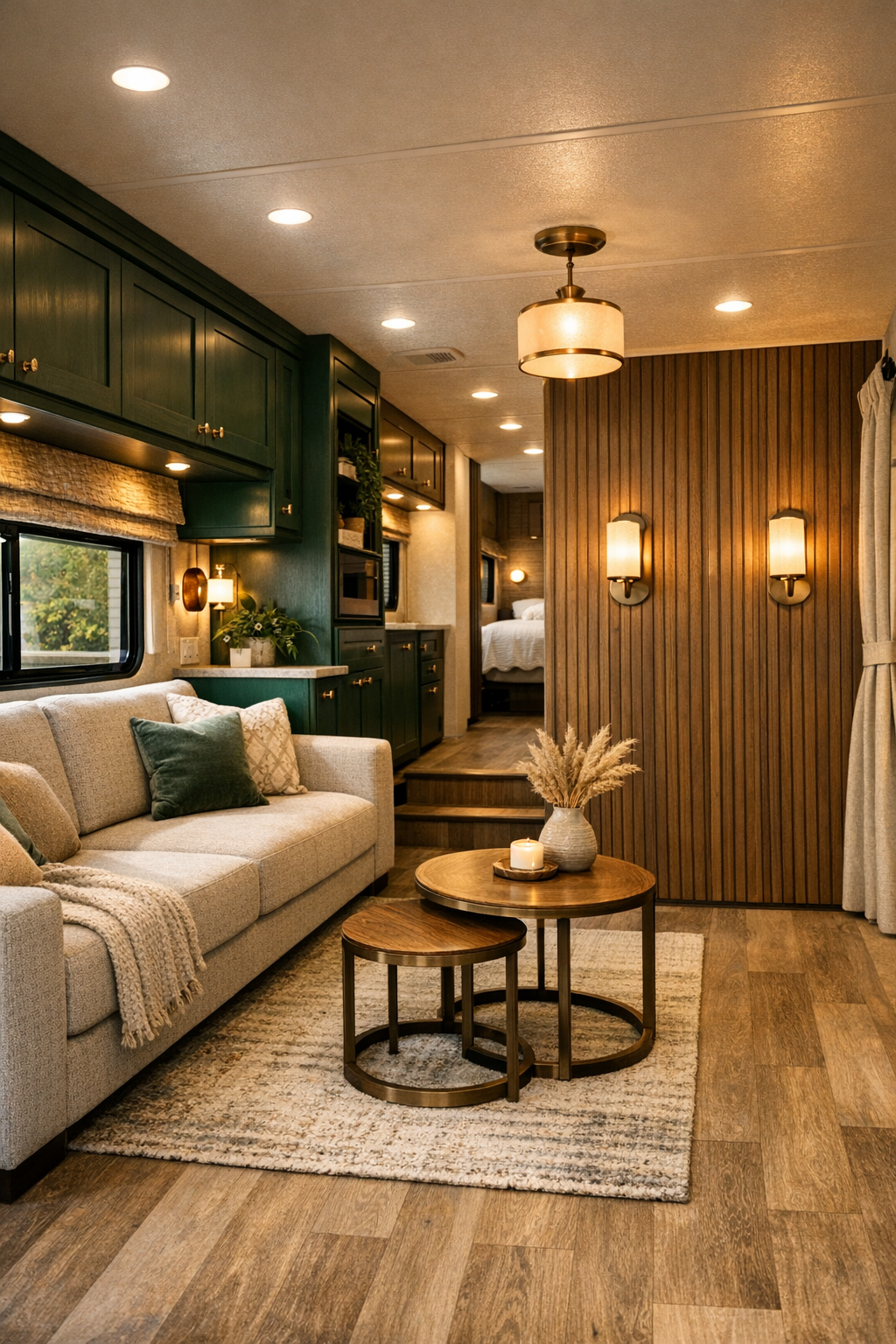 Emerald and bronze accessible RV living room with open circulation and walnut paneling