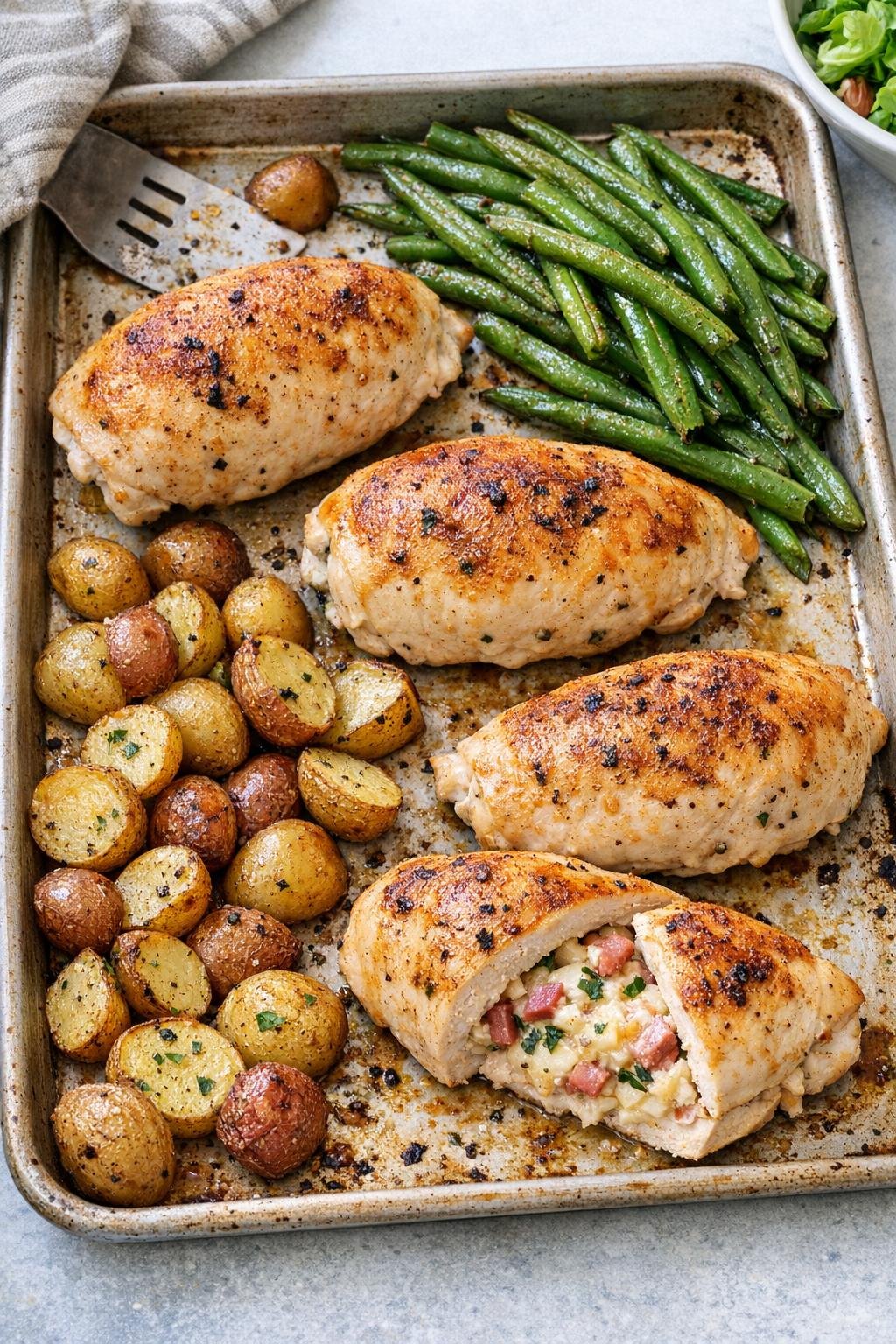 Finished baked stuffed chicken breasts on a sheet pan dinner