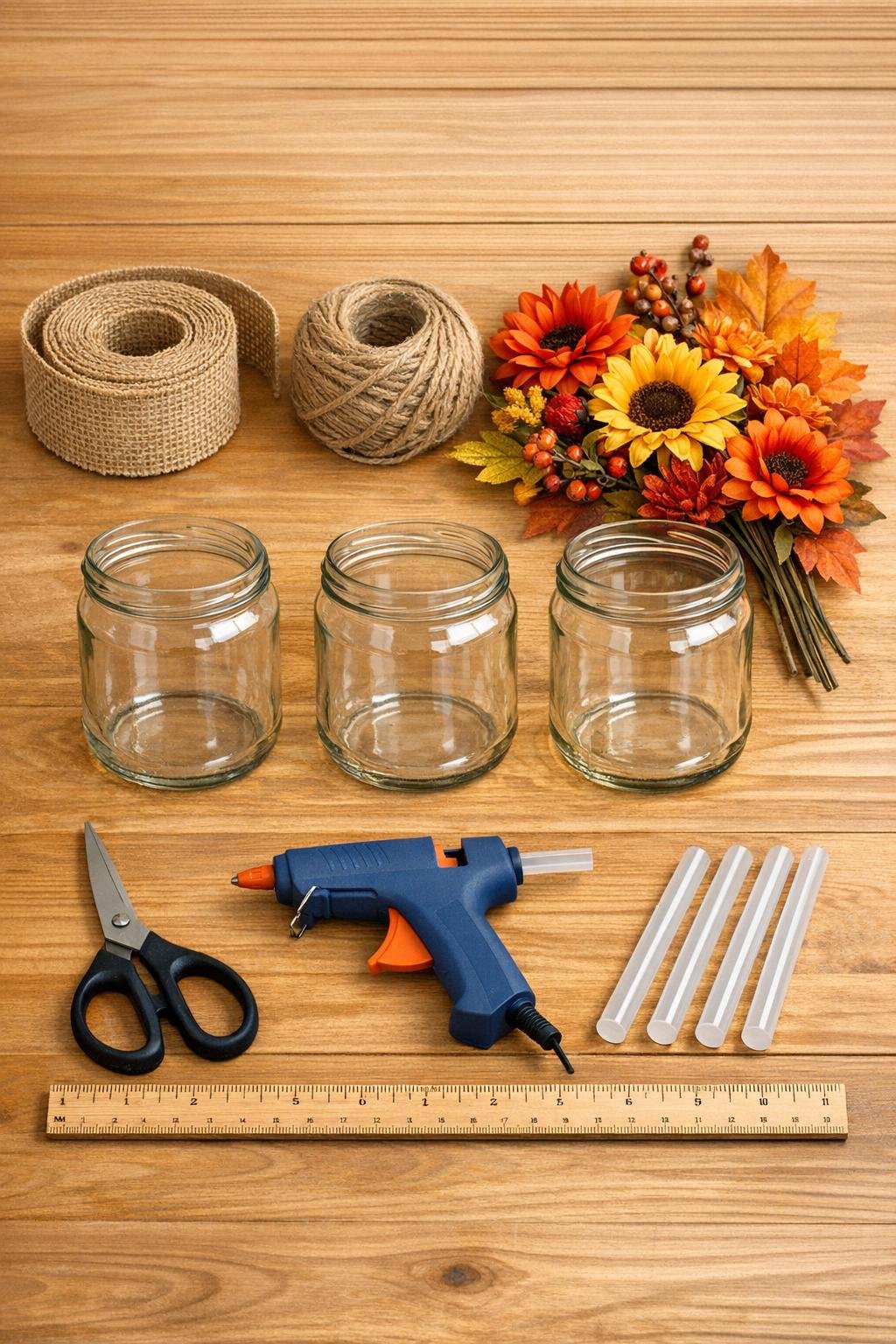 Materials laid out for three autumn salsa jar vases