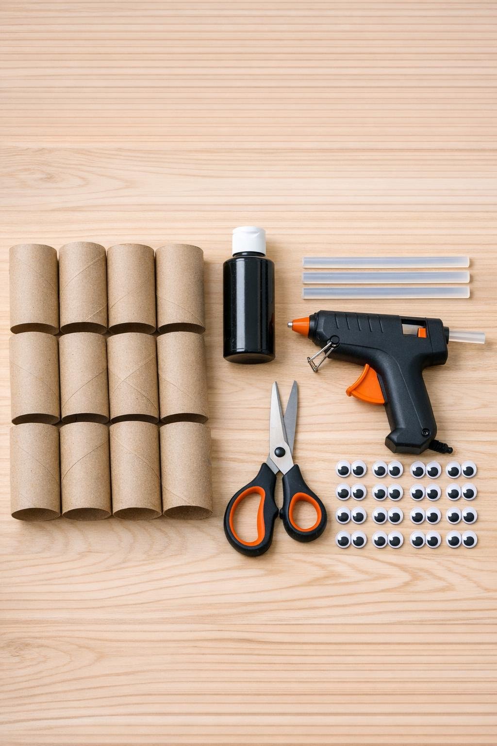 Materials for making cardboard roll bats laid out neatly