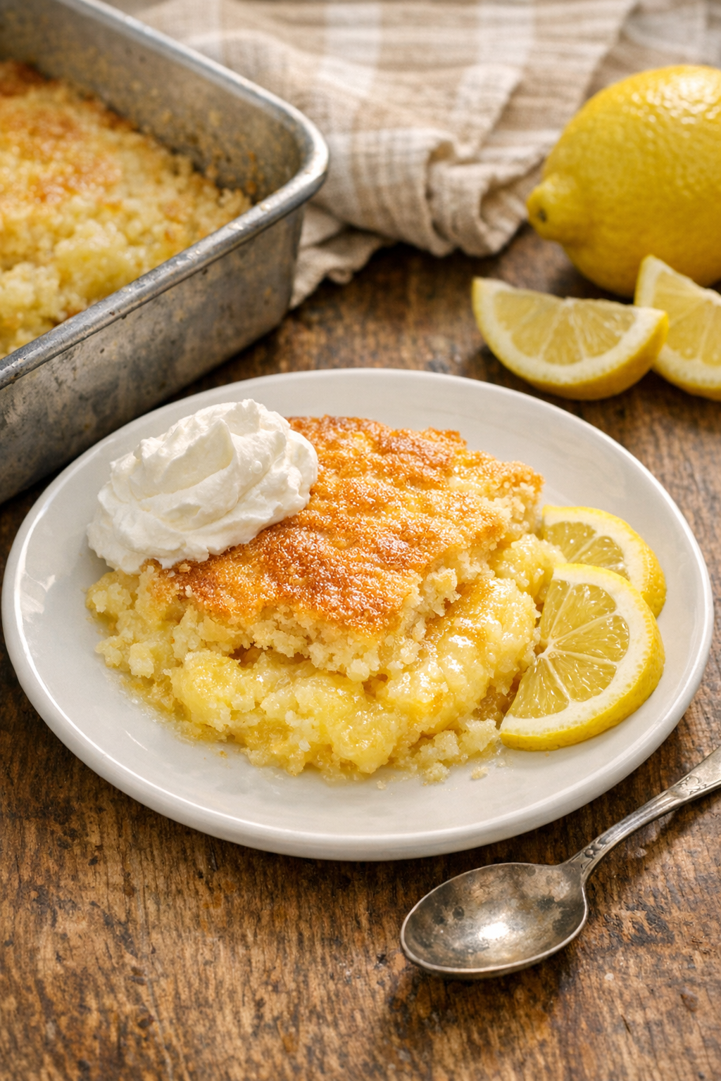 Finished baked lemon dessert in a rustic setting
