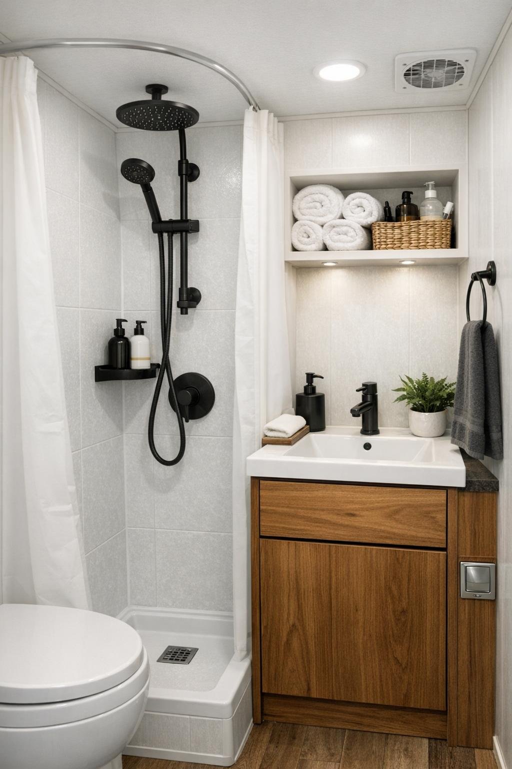 Compact camper bathroom with light finishes and black fixtures