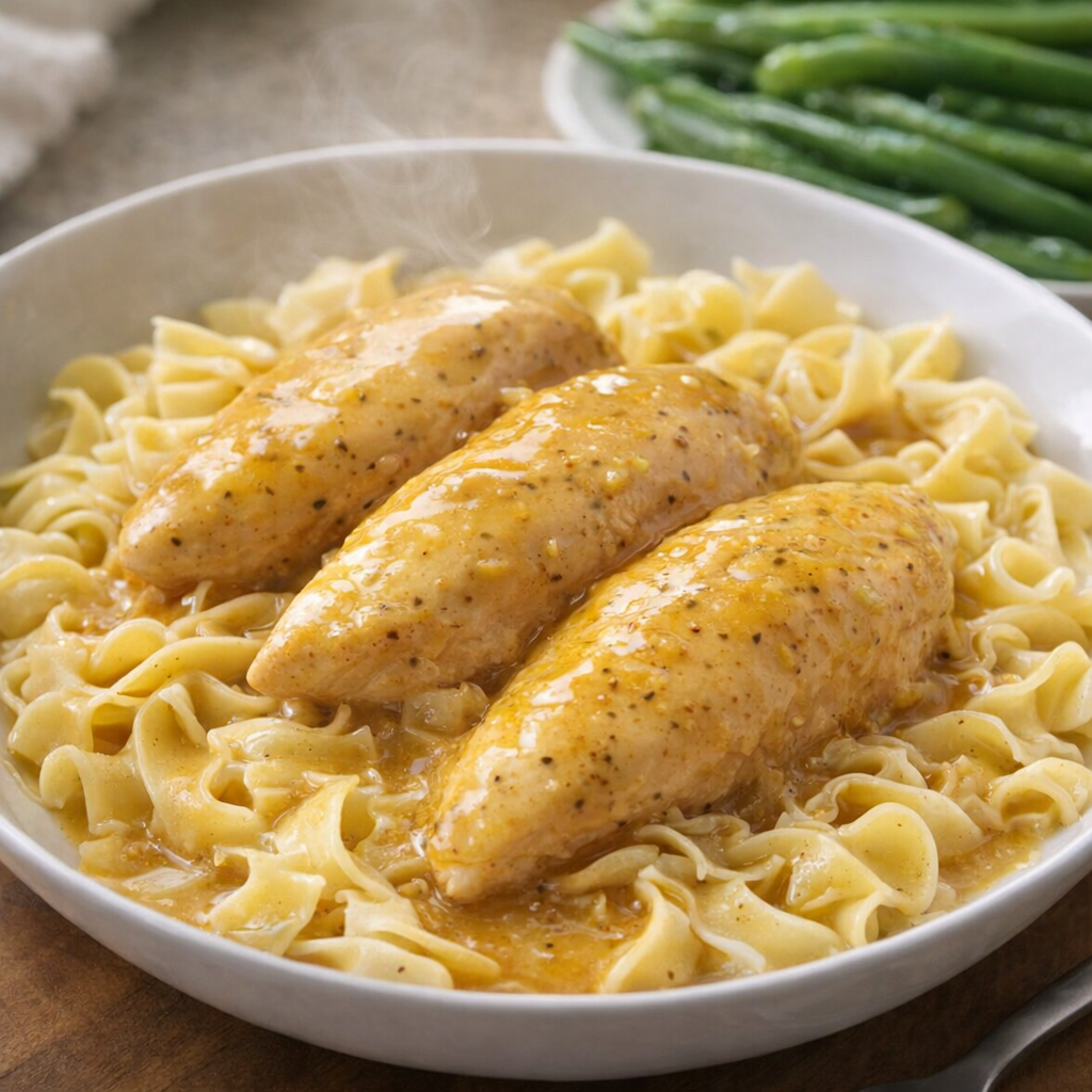Slow cooker honey mustard chicken served over egg noodles