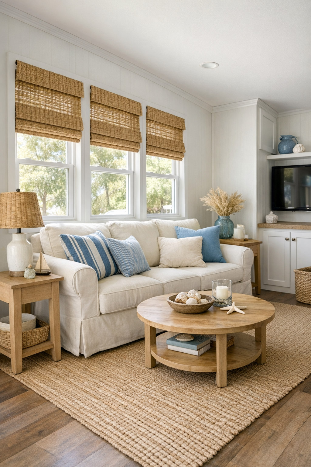 Bright coastal living room with ivory sofa, woven textures, and soft blue accents