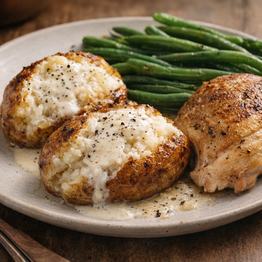 Family-style dinner plate with buttermilk potatoes and green beans