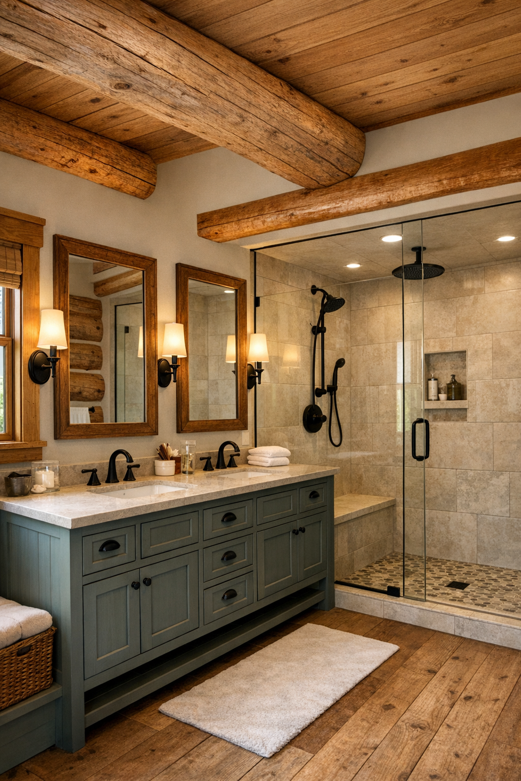 Bright rustic bathroom with painted vanity and glass shower