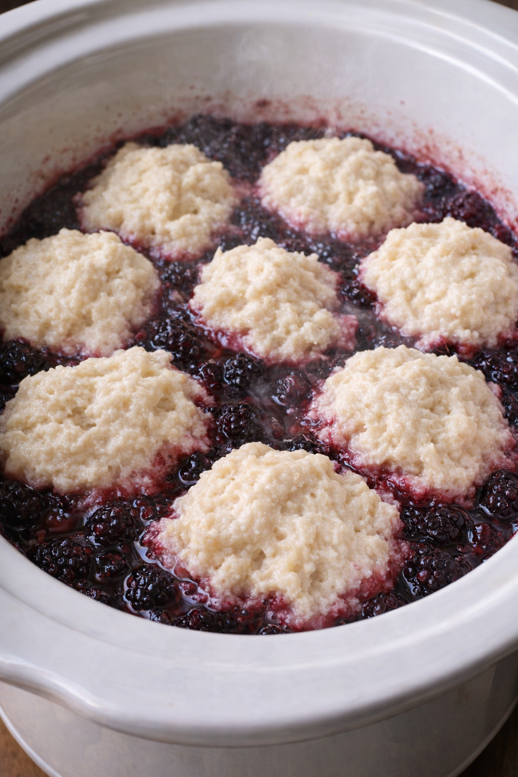 Dumpling topping dropped over bubbling blackberries in the slow cooker