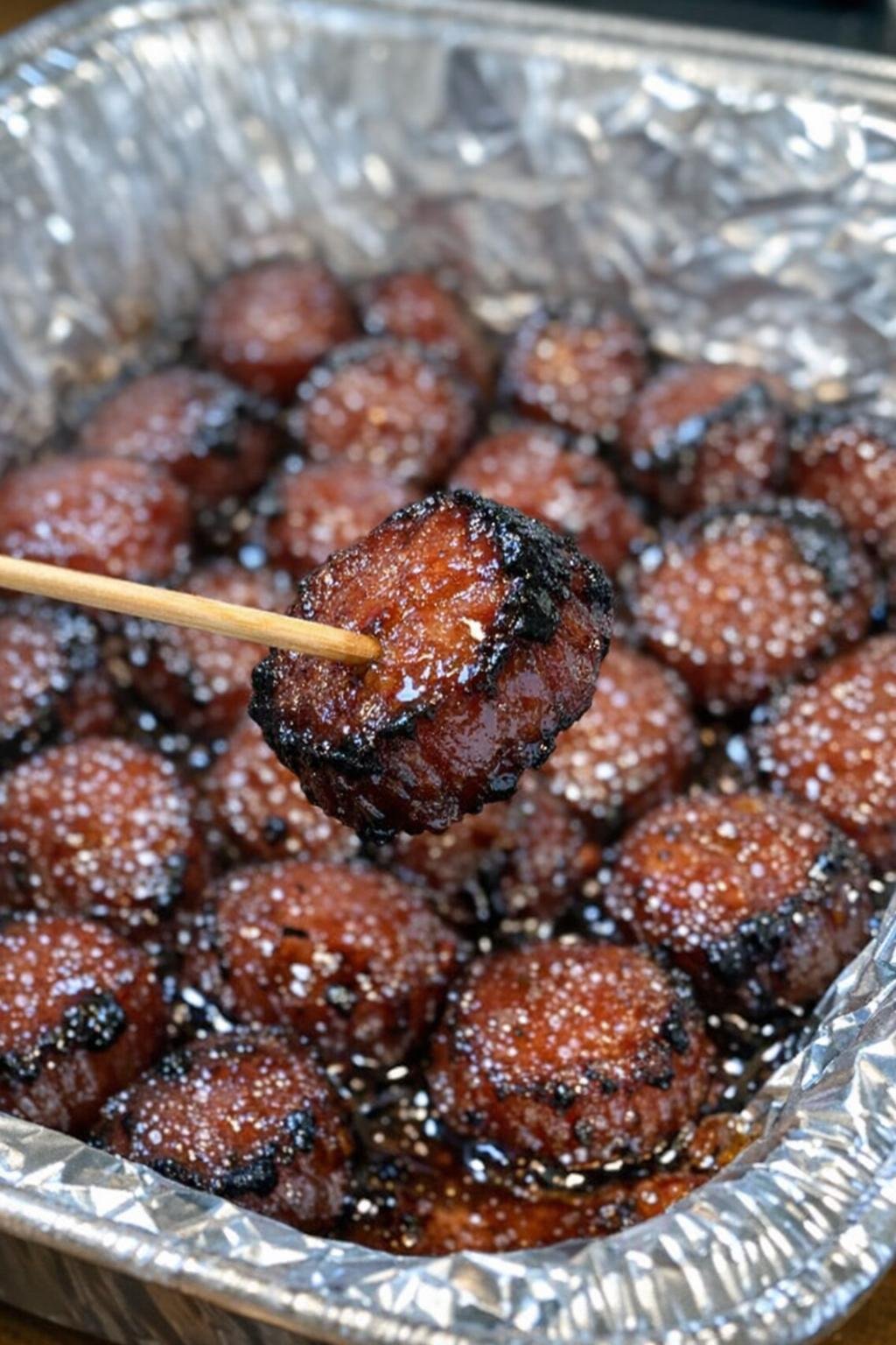 Close-up of glossy kielbasa bites in a foil-lined platter