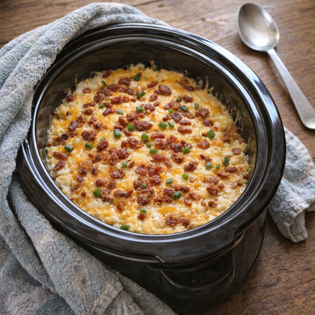Warm slow cooker potato bake wrapped for a church potluck