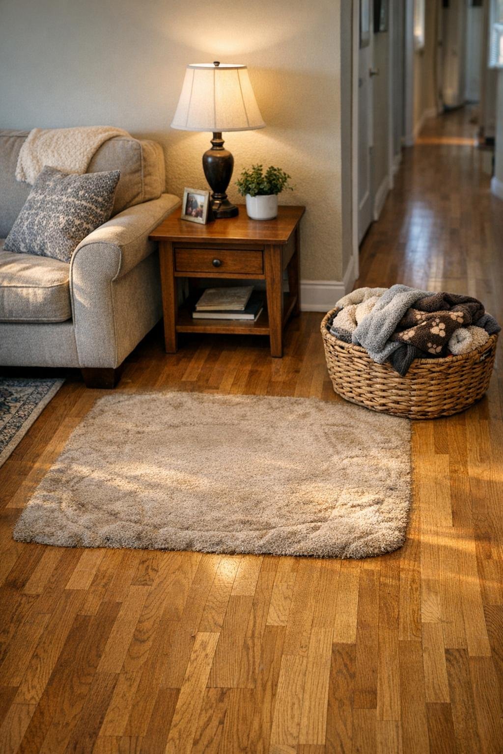 An empty spot beside a sofa where a dog bed used to be