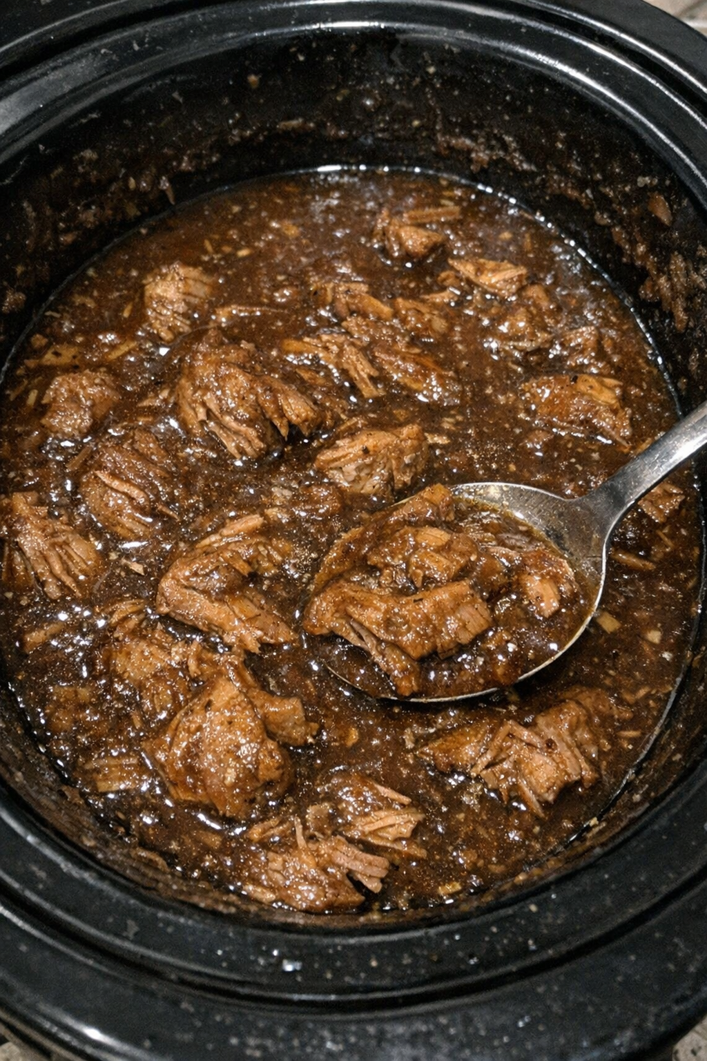Slow cooker pork in dark gravy
