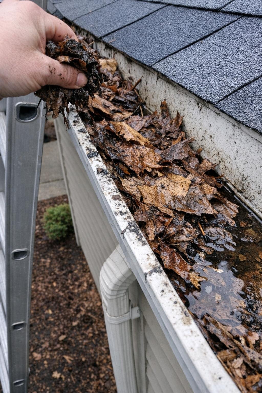 Leaf-filled gutter being cleaned and downspout checked