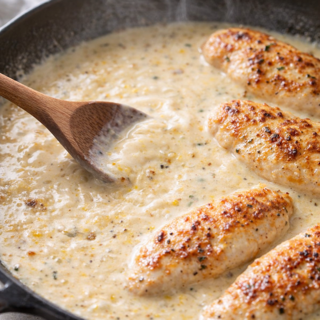 Lemon cream sauce being stirred into skillet