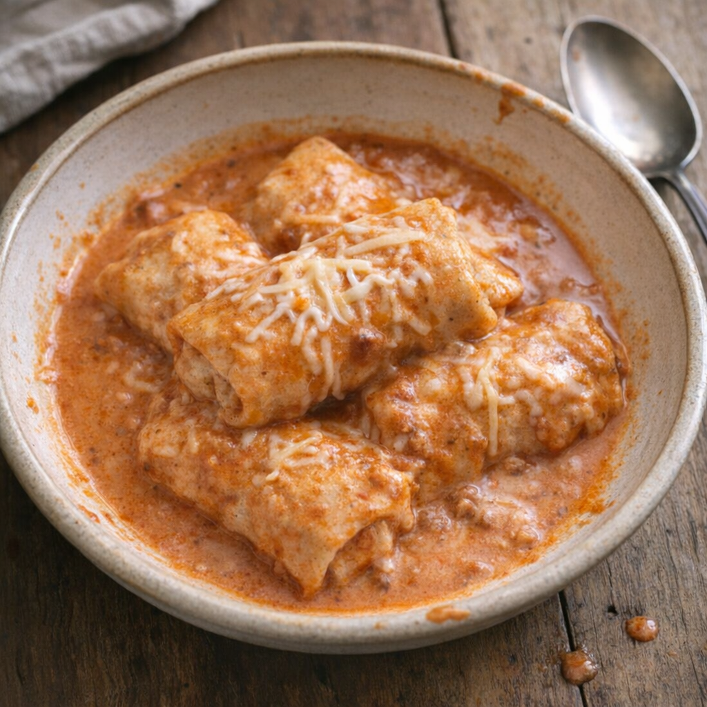 Slow cooker burrito casserole served in a shallow bowl