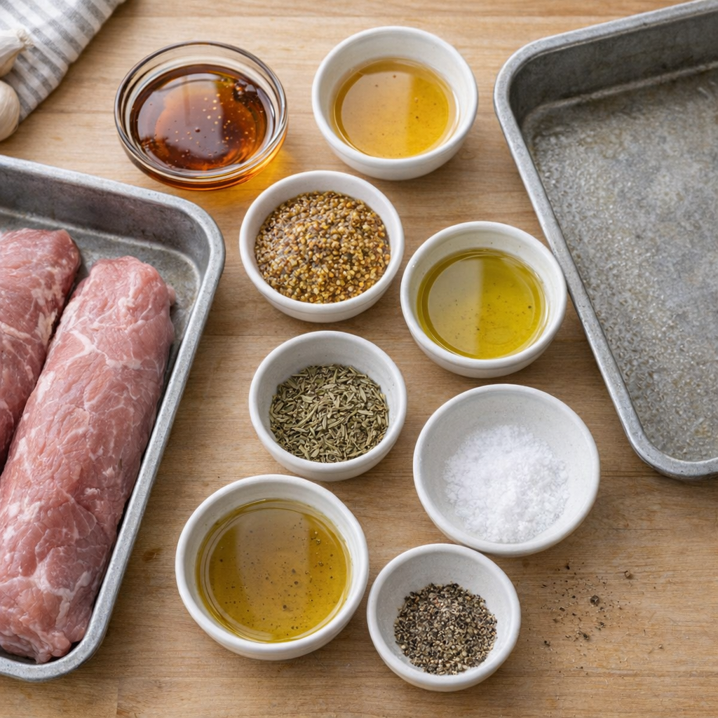 Ingredients for maple mustard pork tenderloin laid out on a countertop
