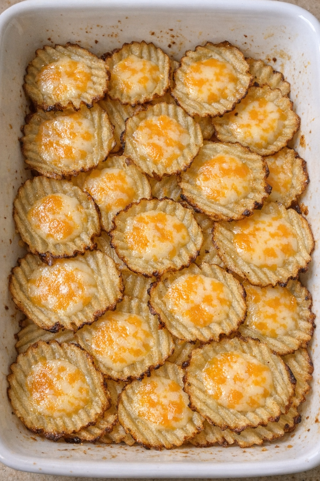 Ruffled crispy potato rounds with melted Colby Jack cheese in a rectangular ceramic dish