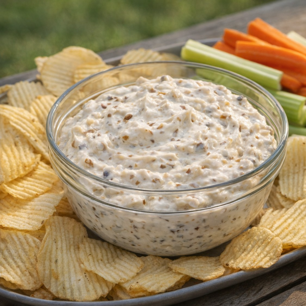 Bowl of French onion dip with ridged chips on a cookout table