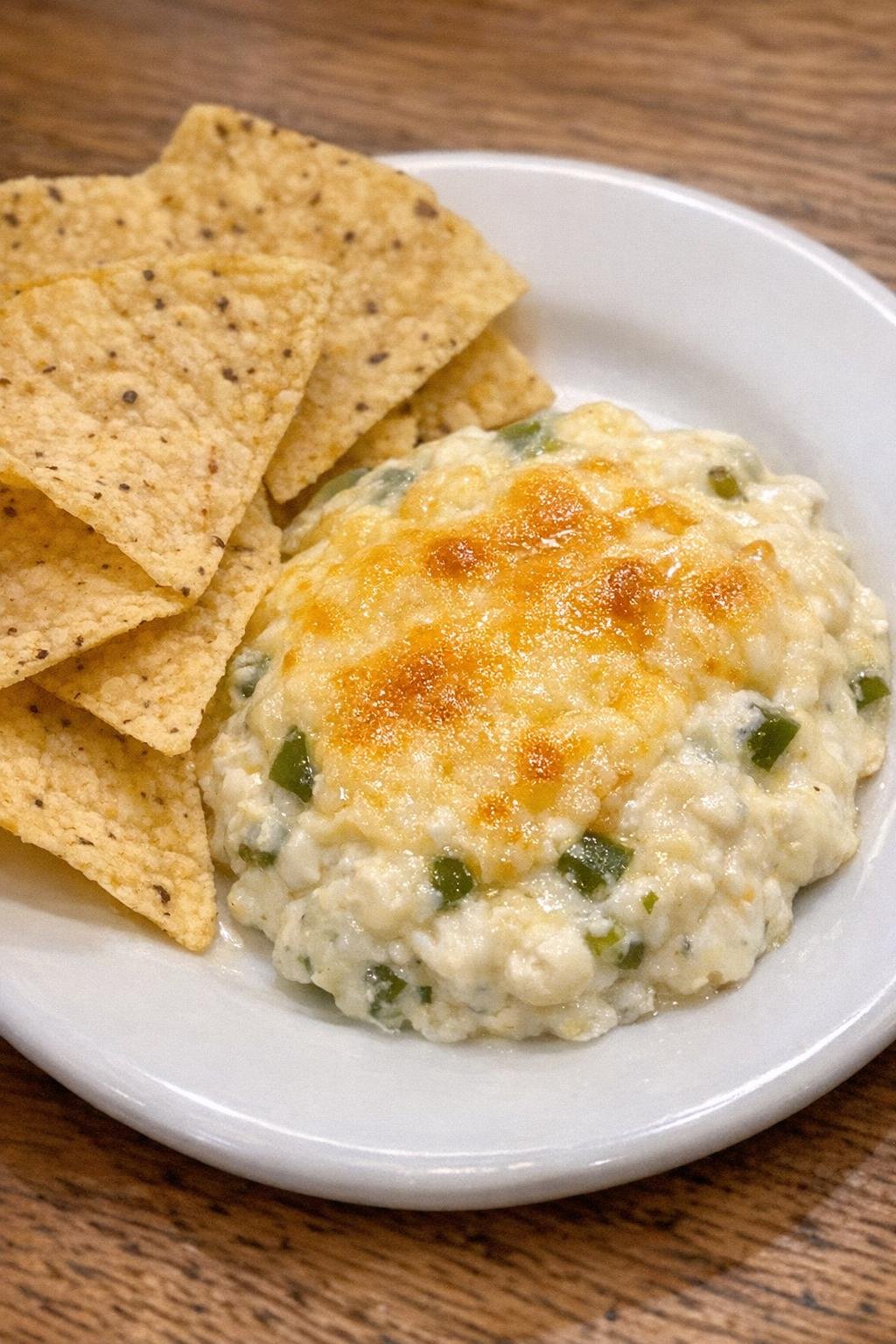 Single serving of slow cooker jalapeño popper dip with tortilla chips