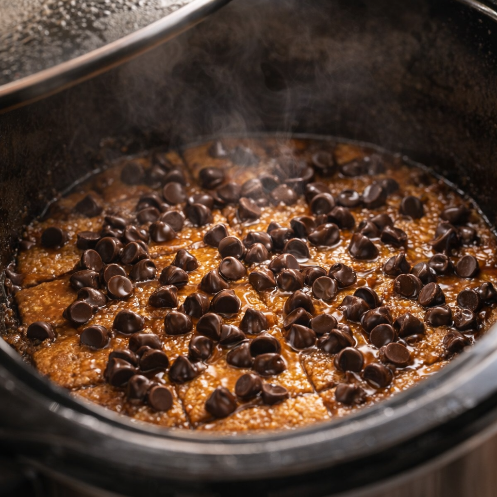 Chocolate chips melting over caramel graham crackers