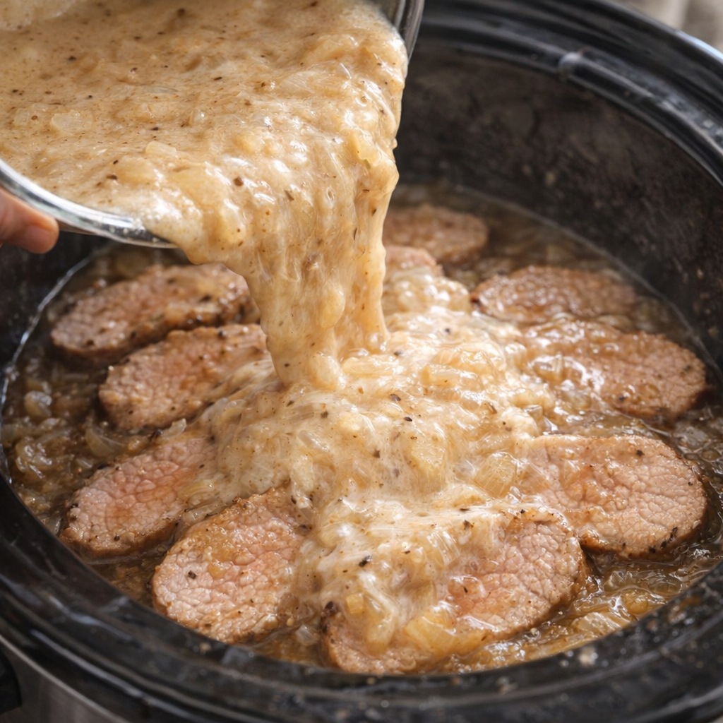 Onion soup sauce being poured over pork tenderloin