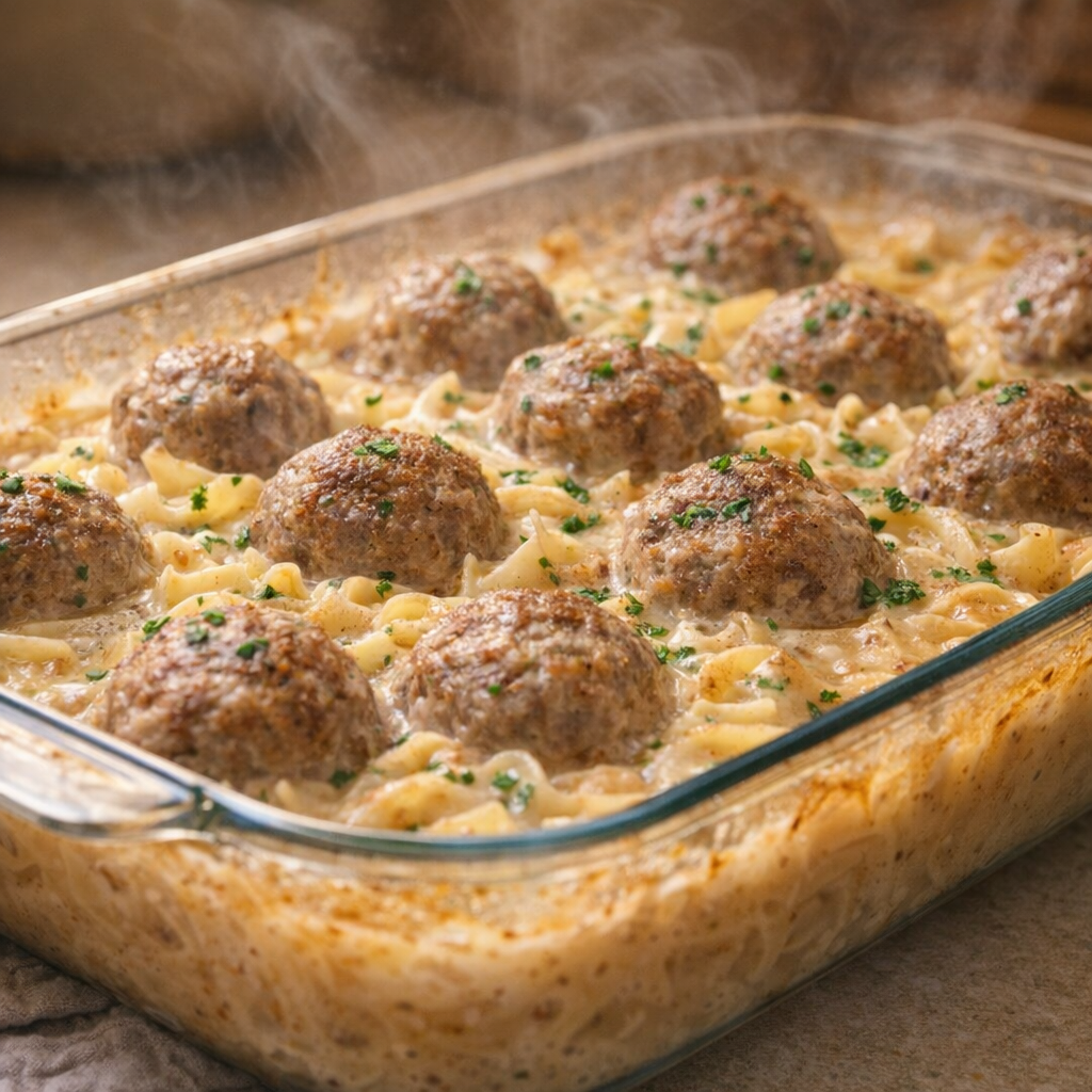 Meatball stew bubbling hot after baking