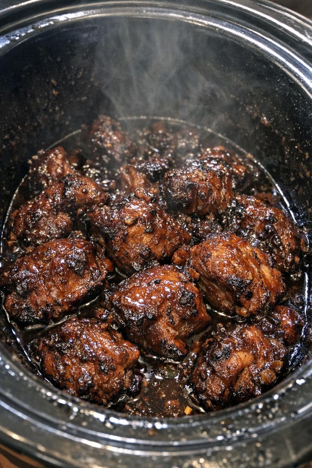 Umami-rich slow-roasted protein glazed in dark sauce in a slow cooker