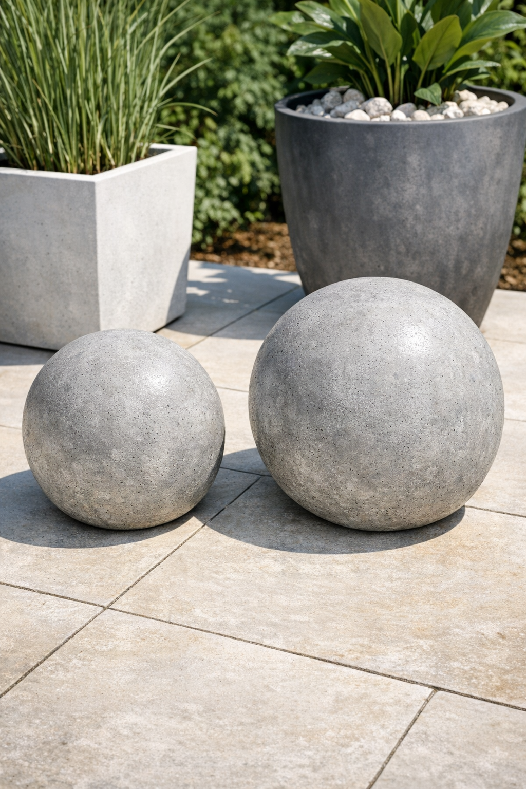 Finished concrete spherical patio weights on an outdoor patio