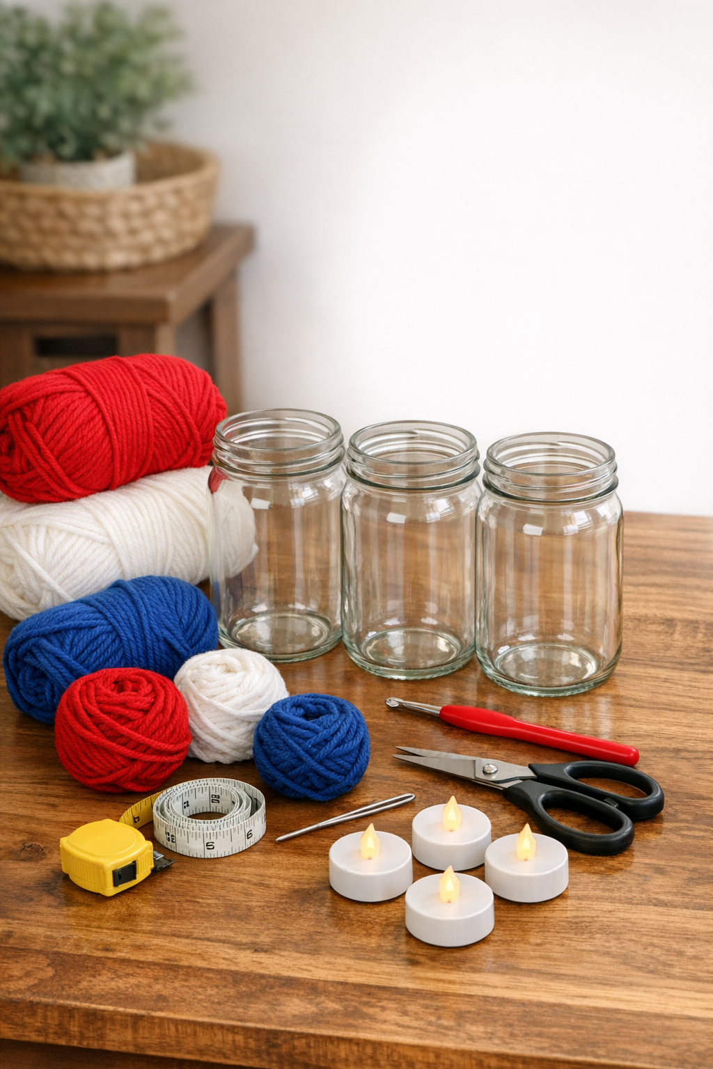 Materials for crochet patriotic candle holder trio laid out on a table