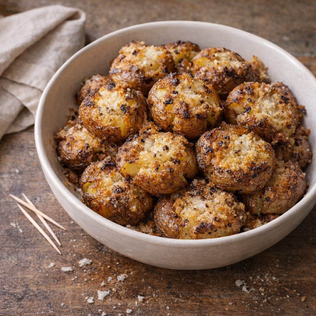 Warm bowl of parmesan smashed potatoes on a farmhouse table