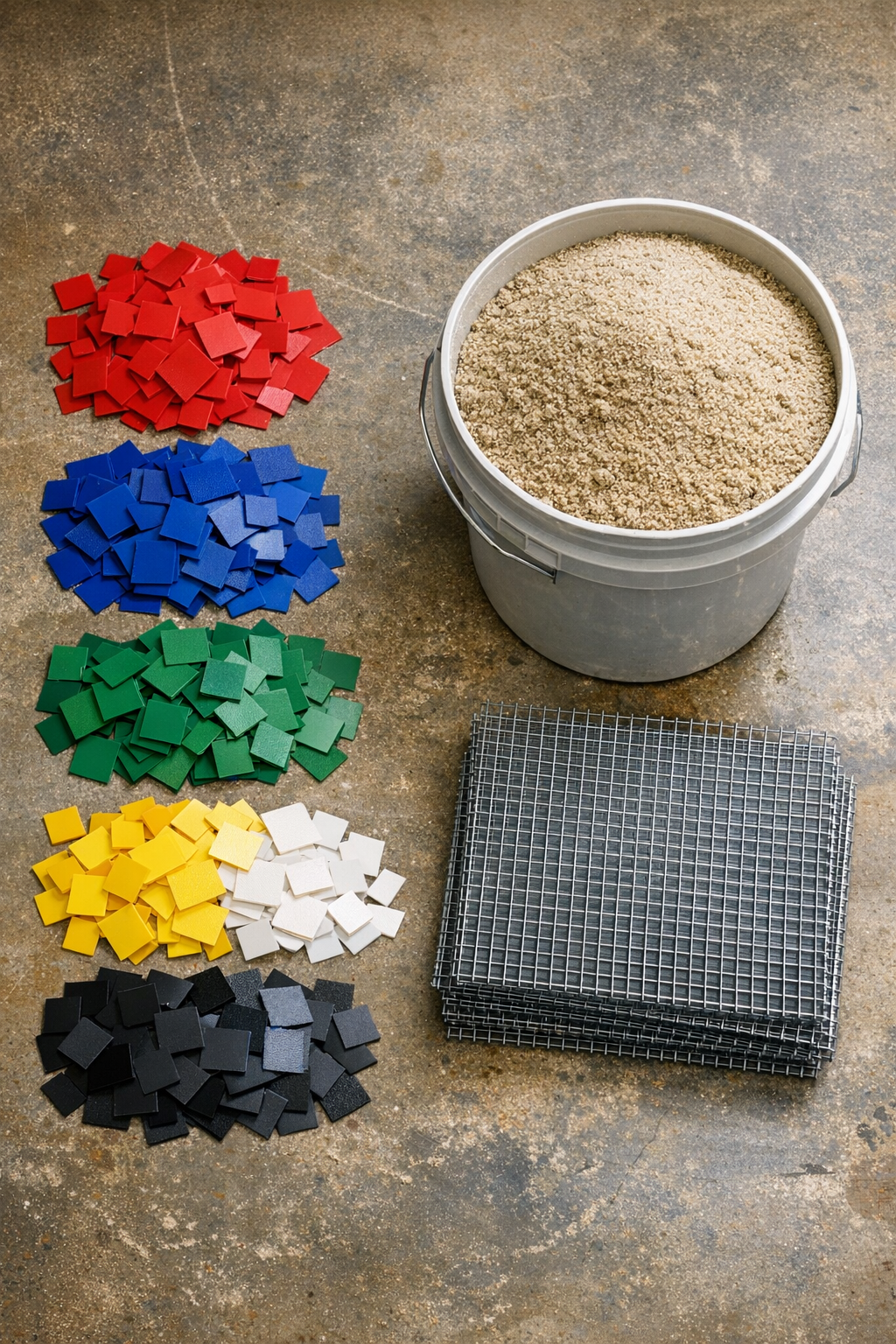 Materials laid out for making patio tiles from plastic binders