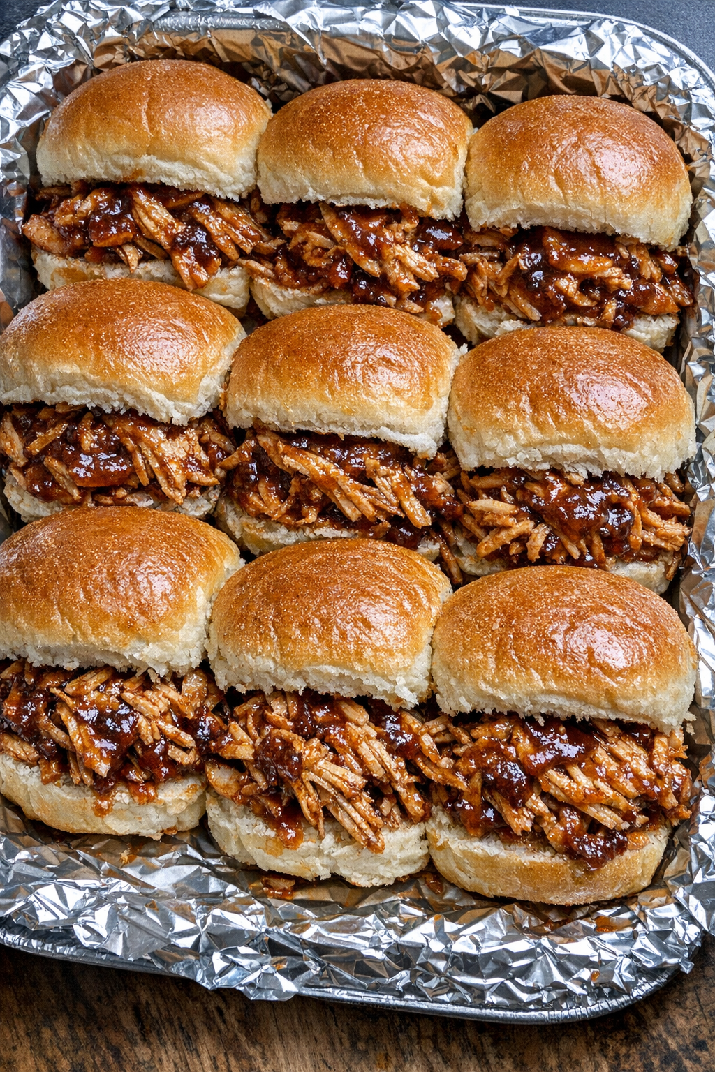 3-ingredient BBQ chicken sliders on a foil-lined platter