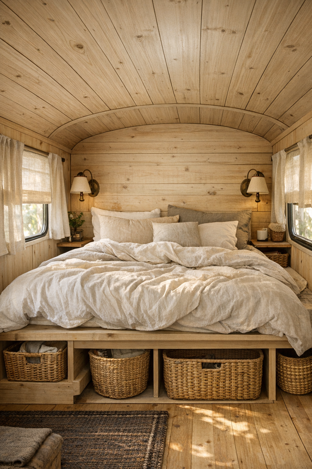 Peaceful rear bedroom in a converted bus with raised bed platform and linen bedding
