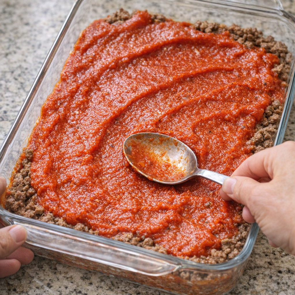 Tomato sauce spread evenly across the casserole before baking