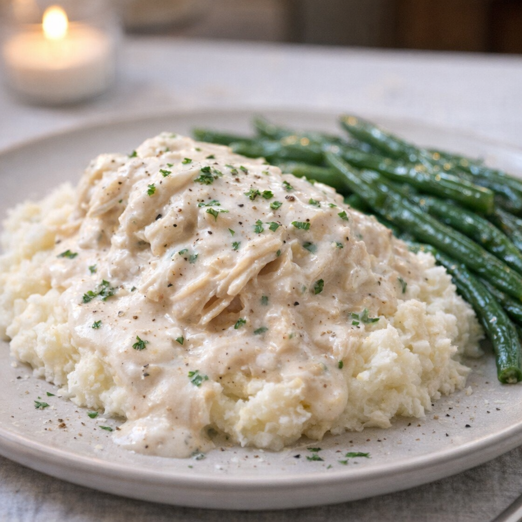 Creamy ranch chicken served over mashed potatoes with green beans